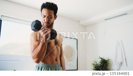 House, fitness and man with dumbbell for workout, strength development or muscle gain for body goals. Challenge, low angle or active athlete with bicep exercise, health or weightlifting for training 135164001