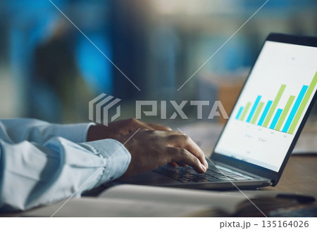 Hands, seo and typing on laptop with data, working on project and internet infographics. Computer, marketing professional and business person with graphs, analytics or charts for advertising analysis Hands, seo and typing on laptop with data, working on project and internet infographics. Computer, marketing professional and business person with graphs, analytics or charts for advertising analysis 135164026