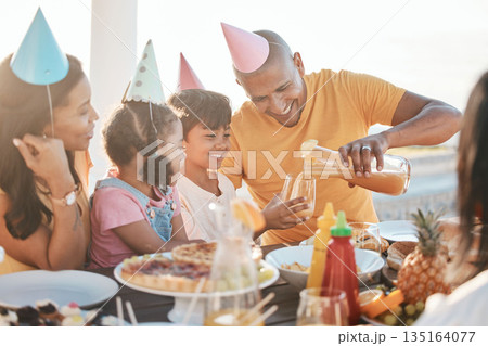 Birthday, parents and children with juice by beach for event, celebration and outdoor party together. Family, social gathering and mother, dad and kids at picnic with cake, presents and eating food Birthday, parents and children with juice by beach for event, celebration and outdoor party together. Family, social gathering and mother, dad and kids at picnic with cake, presents and eating food 135164077
