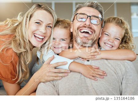Parents, portrait and couch with hug, kids and smile with love, bonding and care in family home together. Father, mother and daughters with happiness, embrace and relax on living room sofa in house Parents, portrait and couch with hug, kids and smile with love, bonding and care in family home together. Father, mother and daughters with happiness, embrace and relax on living room sofa in house 135164186