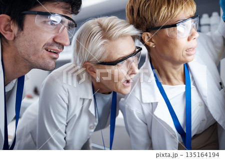 Scientist, lab testing success and glasses of science team and research with safety and analysis. Vaccine review, teamwork and staff working on healthcare training and biotechnology productivity Scientist, lab testing success and glasses of science team and research with safety and analysis. Vaccine review, teamwork and staff working on healthcare training and biotechnology productivity 135164194