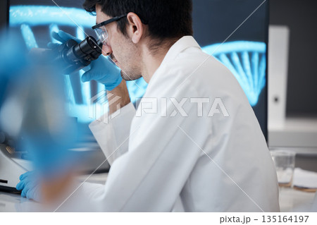 Science, research and microscope with man in laboratory for dna, pharmacy and medical. Medicine, healthcare and study with scientist and focus in clinic on biotechnology, bacteria and future Science, research and microscope with man in laboratory for dna, pharmacy and medical. Medicine, healthcare and study with scientist and focus in clinic on biotechnology, bacteria and future 135164197