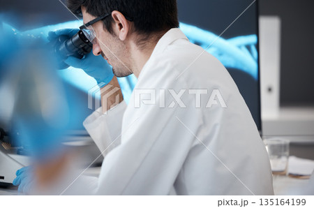 Science, dna and microscope with man in laboratory for research, pharmacy and medical. Medicine, healthcare and study with scientist and focus in clinic on biotechnology, bacteria and future Science, dna and microscope with man in laboratory for research, pharmacy and medical. Medicine, healthcare and study with scientist and focus in clinic on biotechnology, bacteria and future 135164199
