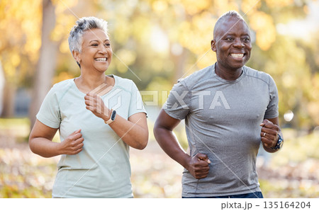 Health, smile and running with old couple in park for fitness, workout and exercise. Wellness, retirement and happy with senior black man and woman training in nature for motivation, sports or cardio 135164204