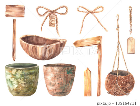 Vintage watercolor garden decor object set. Rustic flowers pots, wooden sign boards and bowl, jute bows, Label. Ceramic green, brown and hanging pot made of coconut. Hand drawn illustration isolated Vintage watercolor garden decor object set. Rustic flowers pots, wooden sign boards and bowl, jute bows, Label. Ceramic green, brown and hanging pot made of coconut. Hand drawn illustration isolated 135164211