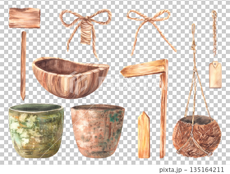 Vintage watercolor garden decor object set. Rustic flowers pots, wooden sign boards and bowl, jute bows, Label. Ceramic green, brown and hanging pot made of coconut. Hand drawn illustration isolated Vintage watercolor garden decor object set. Rustic flowers pots, wooden sign boards and bowl, jute bows, Label. Ceramic green, brown and hanging pot made of coconut. Hand drawn illustration isolated 135164211