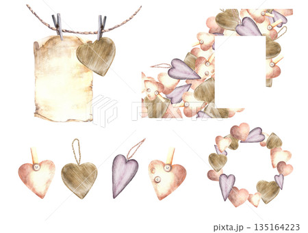 Watercolor Vintage hearts Valentines day love set with lilac, beige, brown hearts hanging on a rope. Round or square greeting card template, frame. Hand drawn illustration isolated on white background 135164223