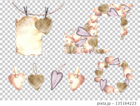 Watercolor Vintage hearts Valentines day love set with lilac, beige, brown hearts hanging on a rope. Round or square greeting card template, frame. Hand drawn illustration isolated on white background 135164223