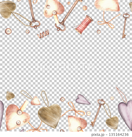 Watercolor Hearts, Buttons, thread spool, vintage keys and bow seamless frame. Needlework, handicrafts or Valentines day cute card, horizontal border. Hand drawn illustration isolated from background 135164236