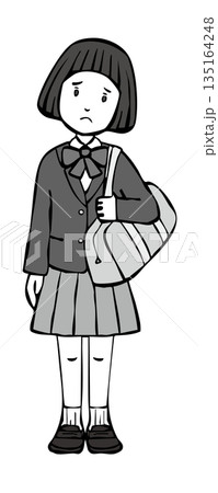 【モノクロ】女の子制服ブレザー 指定カバン 困り顔 【モノクロ】女の子制服ブレザー 指定カバン 困り顔 135164248