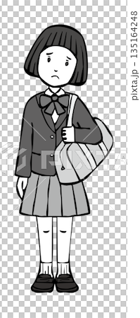 【モノクロ】女の子制服ブレザー 指定カバン 困り顔 【モノクロ】女の子制服ブレザー 指定カバン 困り顔 135164248