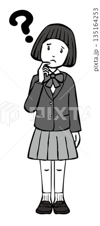 【モノクロ】女の子制服ブレザー　考える　悩む 135164253