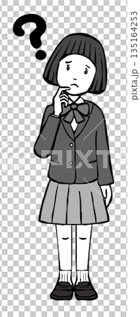 【モノクロ】女の子制服ブレザー　考える　悩む 135164253