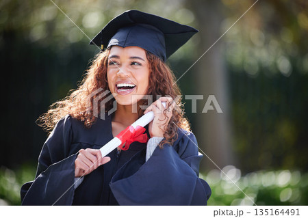 Graduation, diploma and happy with woman at college with certificate for learning, scholarship and future. Study, goal and university with female student on campus for success, education and event 135164491
