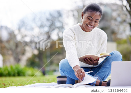Woman, reading and laptop in the outdoor at college for an education in africa with books. Female student, university and tech with a notebook at the park for knowledge and research for phd. Woman, reading and laptop in the outdoor at college for an education in africa with books. Female student, university and tech with a notebook at the park for knowledge and research for phd. 135164492