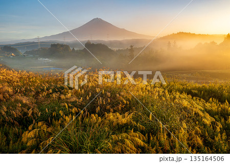朝靄が漂う里山と富士山 135164506