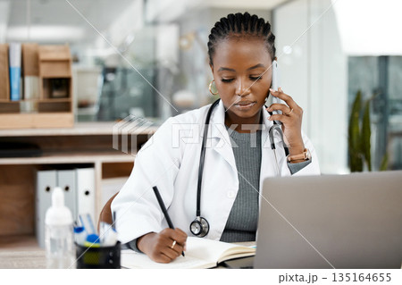 Phone call, doctor and black woman writing notes for medical planning, schedule and agenda. Healthcare, clinic and female worker talking on smartphone for consulting, medicare service and discussion 135164655