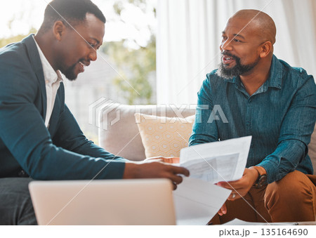Broker, contract and man in a house with a client for meeting or consultation for advice. Financial advisor with a black person to talk investment, savings plan or budget and home insurance on paper Broker, contract and man in a house with a client for meeting or consultation for advice. Financial advisor with a black person to talk investment, savings plan or budget and home insurance on paper 135164690
