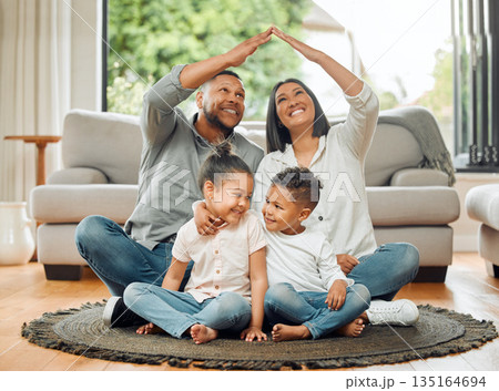 Family, parents and children with roof, safety and protection with love, care and security with happiness at home. Hands together, insurance cover or people in house with mom, dad and kids with trust 135164694