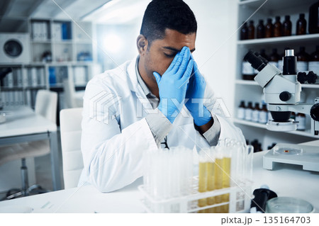 Laboratory, stress and man scientist with headache working in science, frustrated or crisis. Research, fail and male healthcare expert with migraine, anxiety and mistake, burnout or depression in lab 135164703