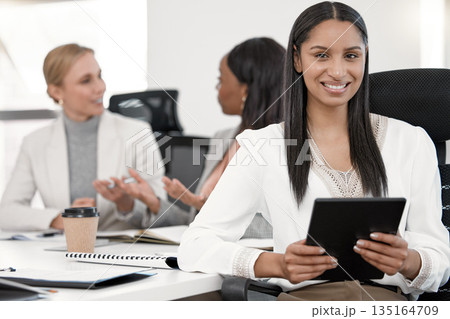 Portrait, business woman and designer with tablet in corporate office meeting. Face, technology and happy female entrepreneur, professional creative and success mindset for leadership, career and job 135164709