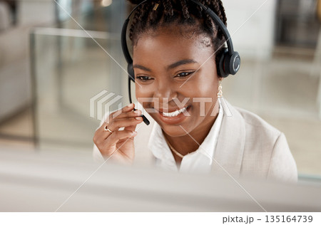 Black woman, face and smile in call center for customer service, support or telemarketing at office. Happy African female person consultant agent smiling for online advice or telesales at workplace 135164739