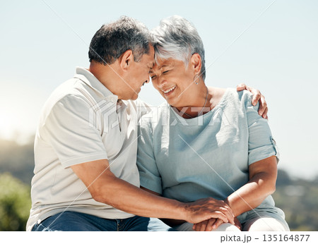 Senior couple, intimate and smile in nature on vacation, holiday or summer bonding. Hug, love and retirement of man and woman with affection, enjoying quality time together and romantic date outdoor. 135164877