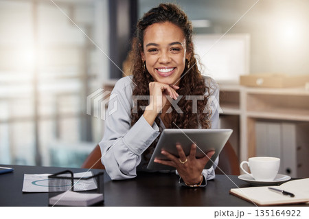 Tablet, search and portrait of business woman in office for social media, networking or website. Communication, internet and technology with female employee for entrepreneur, email and planning 135164922