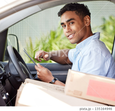 Portrait, tablet and a man courier in a van searching for directions to a location or address for shipping. Ecommerce, logistics and supply chain with a young male driving a vehicle for delivery 135164946