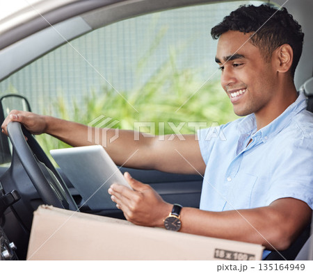 Delivery man in car with tablet, smile and box, checking location, order or online map logistics. Courier service, happy driver in van and internet for digital logistic schedule and package service. Delivery man in car with tablet, smile and box, checking location, order or online map logistics. Courier service, happy driver in van and internet for digital logistic schedule and package service. 135164949
