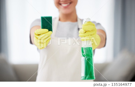 Spray bottle, sponge and hands with cleaning gloves and woman with product for clean house, surface or job working with detergent. Cleaner, service and maid, helper or worker with washing products Spray bottle, sponge and hands with cleaning gloves and woman with product for clean house, surface or job working with detergent. Cleaner, service and maid, helper or worker with washing products 135164977