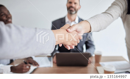 Meeting, handshake and closeup with business women in the boardroom for a b2b partnership or deal. Thank you, support and welcome with colleagues shaking hands in agreement while planning at work Meeting, handshake and closeup with business women in the boardroom for a b2b partnership or deal. Thank you, support and welcome with colleagues shaking hands in agreement while planning at work 135164997