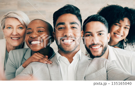 Selfie, businessman and smile for company diversity, team collaboration and professional happiness in workplace. Group, people and portrait for about us web post on social media or corporate website Selfie, businessman and smile for company diversity, team collaboration and professional happiness in workplace. Group, people and portrait for about us web post on social media or corporate website 135165040