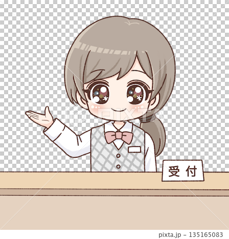 圖解：一位女工作人員在接待處引導客人 135165083