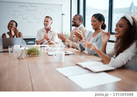 Happy, business people and applause of audience in meeting for presentation or team seminar at office. Group of employees clapping in conference for teamwork, support or motivation at the workplace Happy, business people and applause of audience in meeting for presentation or team seminar at office. Group of employees clapping in conference for teamwork, support or motivation at the workplace 135165086
