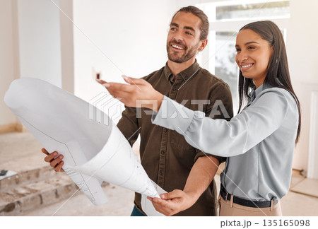 Teamwork, architect and couple with blueprint at construction site for planning. Document, architecture and happy man and woman with design for engineering, building plan and collaboration on project Teamwork, architect and couple with blueprint at construction site for planning. Document, architecture and happy man and woman with design for engineering, building plan and collaboration on project 135165098