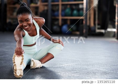 Fitness, portrait or girl stretching legs for gym workout routine or body movement for wellness. Happy, athlete or healthy black woman smiling in exercise training warm up for flexibility or mobility 135165110