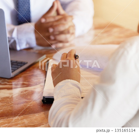 Hands, notebook and writing with a human resources meeting for a job opportunity or vacancy. Flare, interview and recruitment with an hr manager hiring a candidate for business growth or development Hands, notebook and writing with a human resources meeting for a job opportunity or vacancy. Flare, interview and recruitment with an hr manager hiring a candidate for business growth or development 135165114