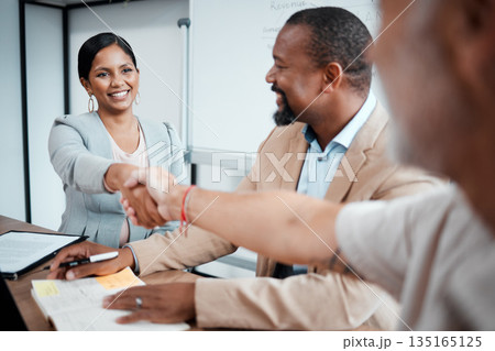 Happy, business people and handshake for meeting, agreement or b2b deal in partnership at the office. Woman employee shaking hands with businessman for teamwork, welcome or introduction at workplace Happy, business people and handshake for meeting, agreement or b2b deal in partnership at the office. Woman employee shaking hands with businessman for teamwork, welcome or introduction at workplace 135165125