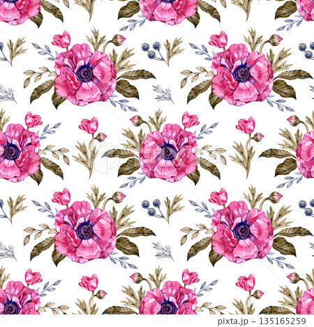 Hand painted watercolor seamless pattern with blooming pink anemone flowers, buds, berries, and elegant foliage. Romantic floral design for textiles, wallpaper, stationery, gift wrap, and modern 135165259