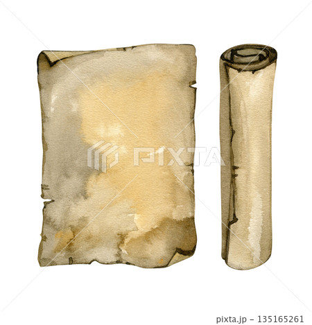 Watercolor illustration of an antique weathered scroll and a worn piece of parchment. The aged paper features realistic textures with tea-stained spots, frayed burnt edges, and vintage sepia tones. Watercolor illustration of an antique weathered scroll and a worn piece of parchment. The aged paper features realistic textures with tea-stained spots, frayed burnt edges, and vintage sepia tones. 135165261