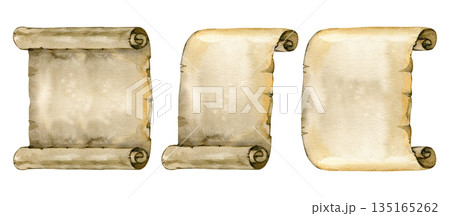 Hand-painted watercolor set of antique parchment scrolls with rolled edges and aged paper texture. A versatile vintage collection perfect for historical designs, manuscripts, fantasy stories 135165262
