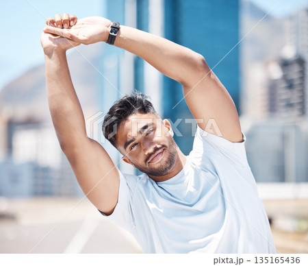 Stretching, running and fitness with man in city for cardio, marathon and performance. Workout, exercise and health with male runner and body warm up in road for training, sports and competition 135165436