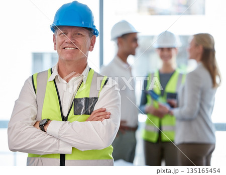 Architecture, man portrait and arms crossed for planning, team leadership or project management. Engineering, construction and happy face of senior person, contractor or manager with career mindset Architecture, man portrait and arms crossed for planning, team leadership or project management. Engineering, construction and happy face of senior person, contractor or manager with career mindset 135165454