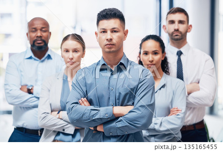 Arms crossed, group of business people in portrait at startup with confidence and pride at project management company. Teamwork, commitment and vision team with leadership mindset in office together. Arms crossed, group of business people in portrait at startup with confidence and pride at project management company. Teamwork, commitment and vision team with leadership mindset in office together. 135165455