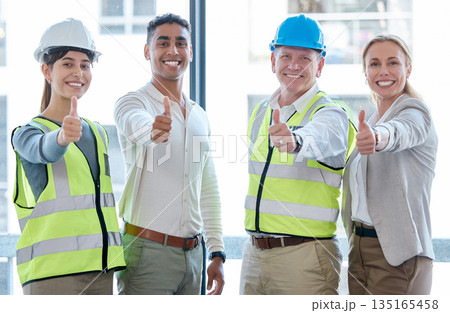 Thumbs up, engineering and portrait of people for success, thank you and construction worker like, yes or okay sign. Happy face, architecture and women, men or team good job, support and thanks hands Thumbs up, engineering and portrait of people for success, thank you and construction worker like, yes or okay sign. Happy face, architecture and women, men or team good job, support and thanks hands 135165458