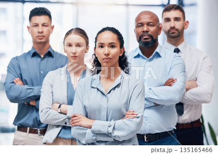 Confident group of business people in portrait with arms crossed, confidence and pride at HR company. Teamwork, commitment and diversity, vision team with woman leadership in human resources office. Confident group of business people in portrait with arms crossed, confidence and pride at HR company. Teamwork, commitment and diversity, vision team with woman leadership in human resources office. 135165466