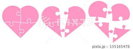 Heart shaped jigsaw puzzle pieces set with separated and incomplete shapes clean pink design symbol of love relationship connection and together concept for infographic game illustration Heart shaped jigsaw puzzle pieces set with separated and incomplete shapes clean pink design symbol of love relationship connection and together concept for infographic game illustration 135165478