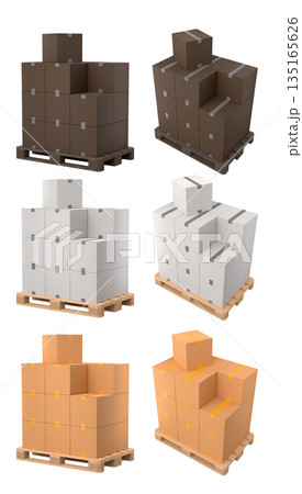 Set of wooden pallet for warehouse cargo storage with cardboard boxes on white Set of wooden pallet for warehouse cargo storage with cardboard boxes on white 135165626