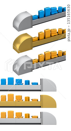 Set of Airport luggage conveyor belt or baggage claim area with suitcases on white. Set of Airport luggage conveyor belt or baggage claim area with suitcases on white. 135165630